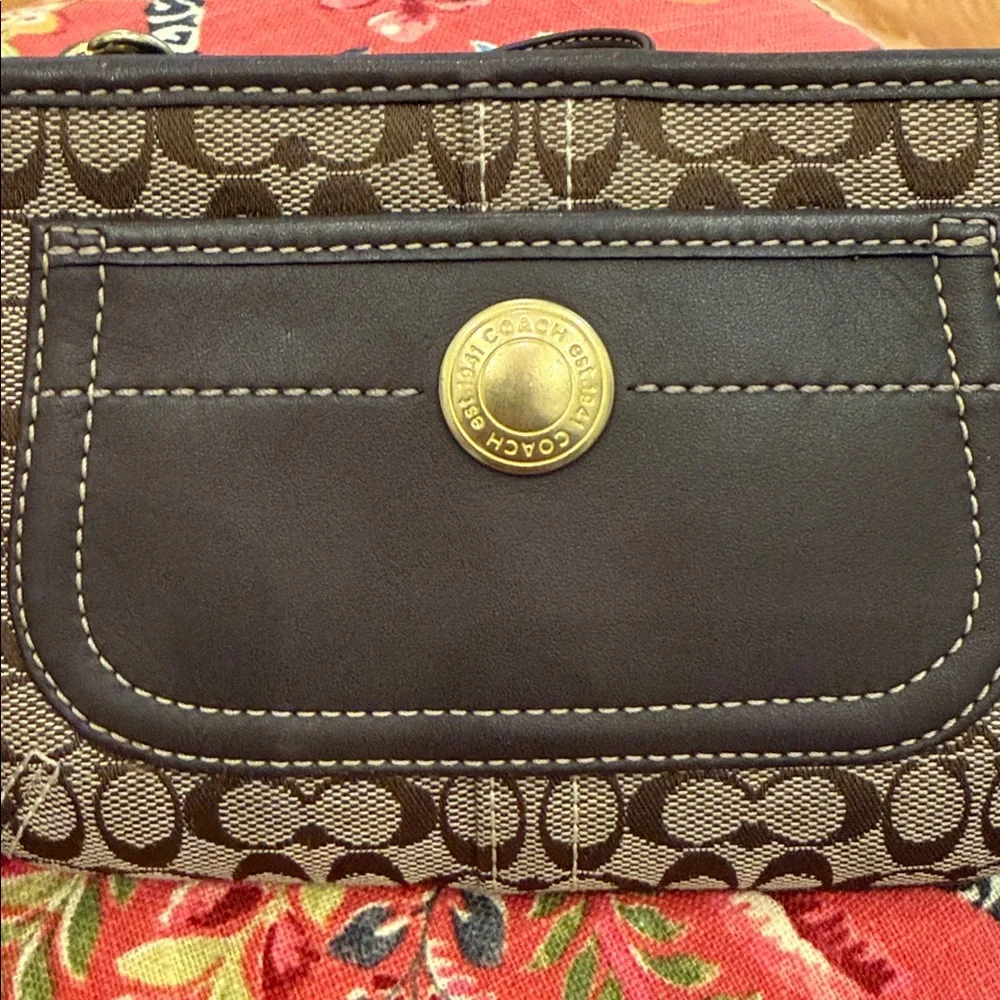 COACH Signature Canvas Wristlet Brown Leather Trim Zip Pouch Clutch small! Y2K!!